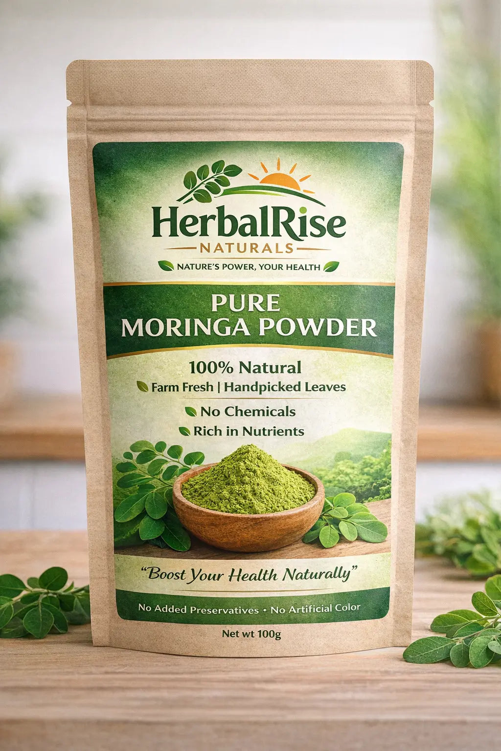HerbalRise Pure Moringa Powder 100g – 100% natural, chemical-free moringa powder in eco-friendly pouch