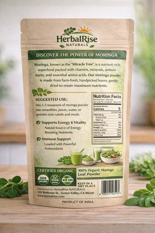 HerbalRise moringa powder back packaging with nutrition facts, usage instructions, and product details